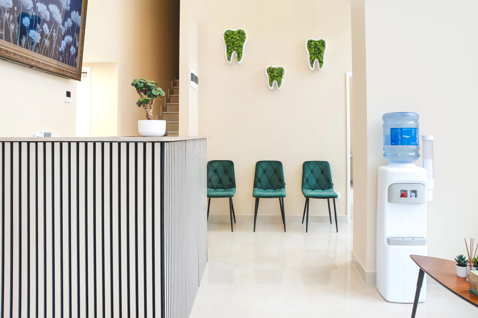 Calm reception area inside a modern Budapest dental clinic