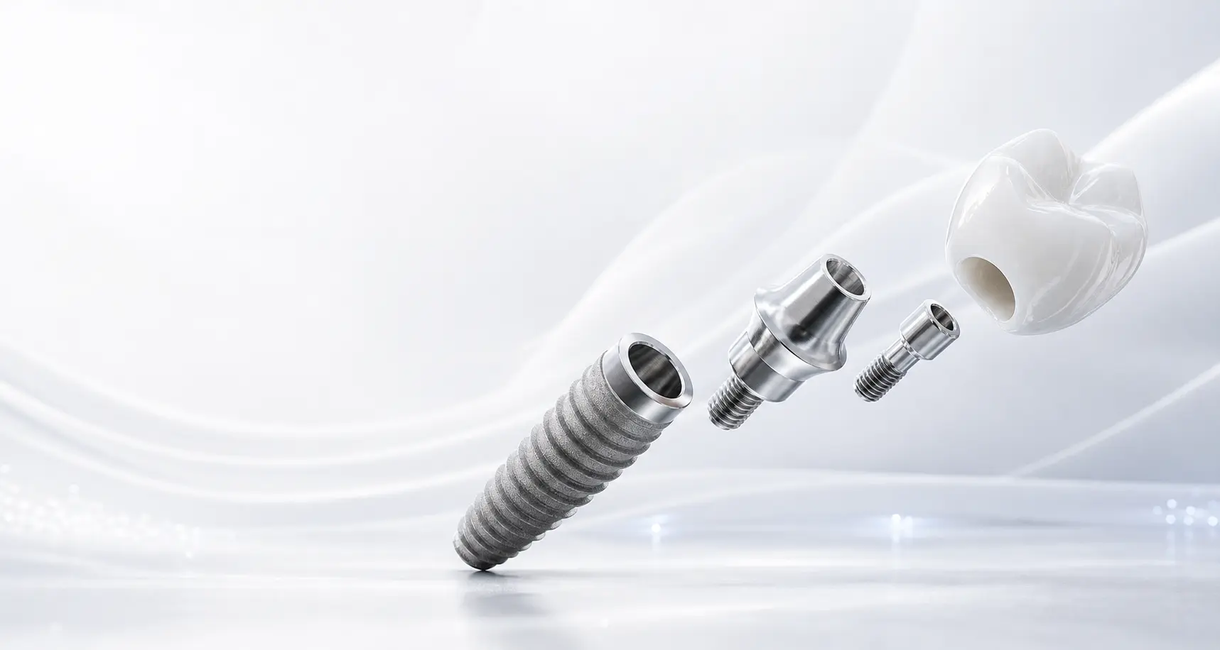 Premium dental implant, abutment and ceramic crown components aligned in an Apple-style product render