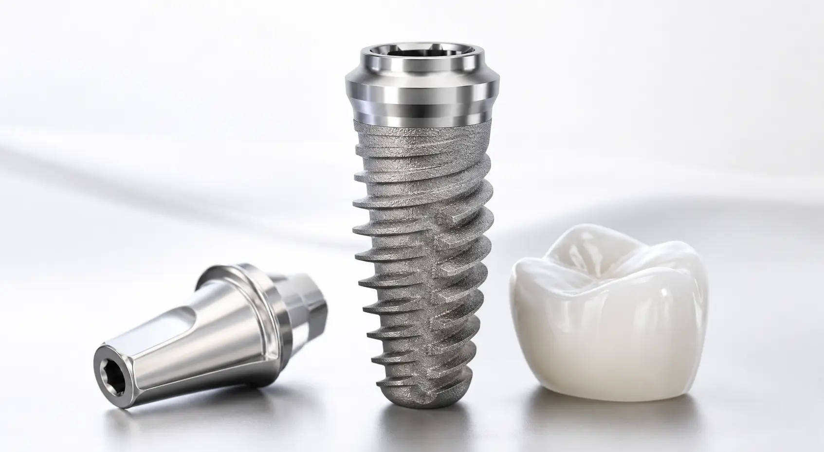 Large premium SGS-style dental implant render on white satin studio background